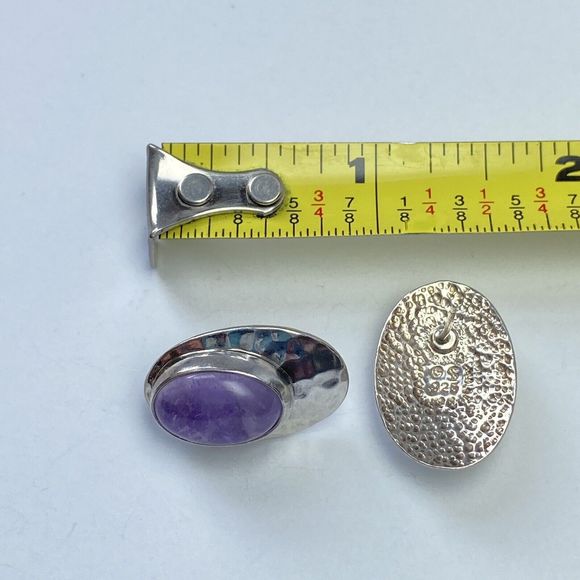 Vintage Shube Purple Oval Amethyst Hammered 925 Sterling Silver Pierced Earrings - Picture 4 of 11